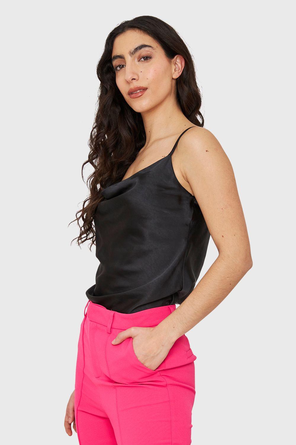 Top Tipo Satín Escote Drapeado Negro Nicopoly-2
