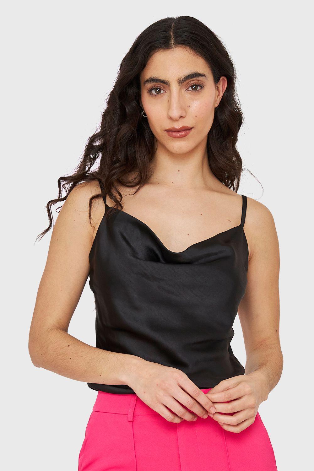 Top Tipo Satín Escote Drapeado Negro Nicopoly-4