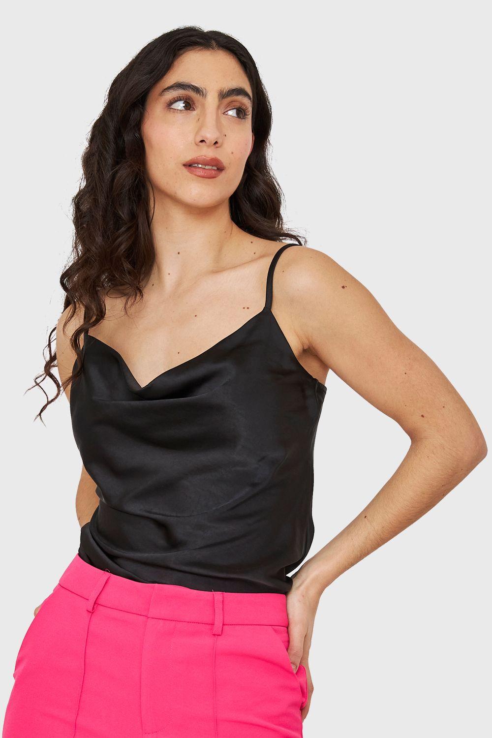 Top Tipo Satín Escote Drapeado Negro Nicopoly-0