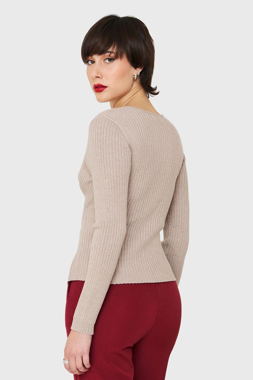 Polera Acanalada Escote Cruzado Taupe Nicopoly-3