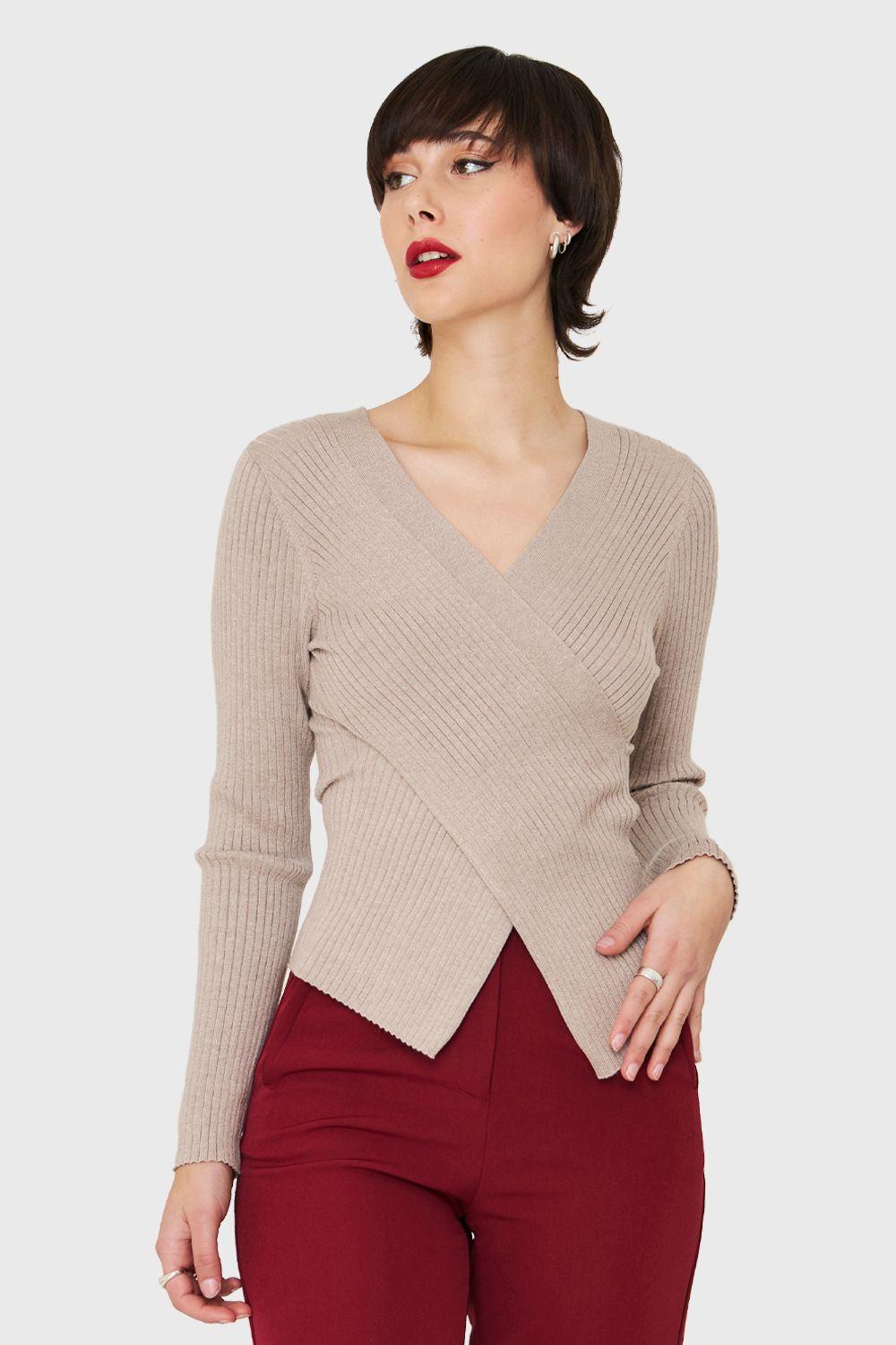 Polera Acanalada Escote Cruzado Taupe Nicopoly-4