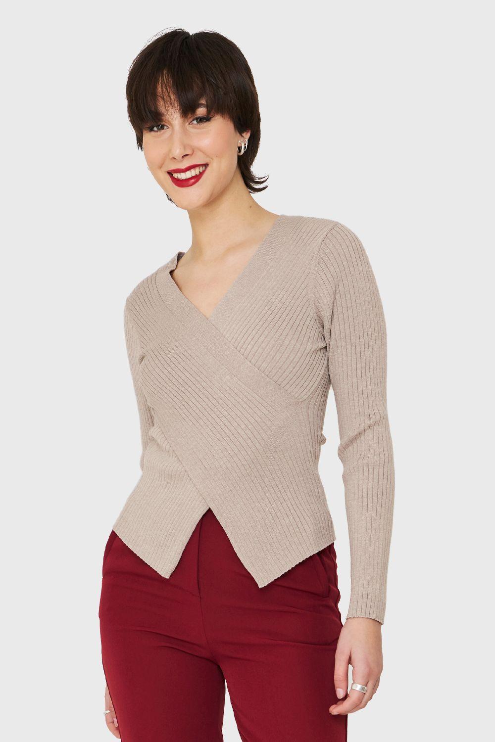 Polera Acanalada Escote Cruzado Taupe Nicopoly-0