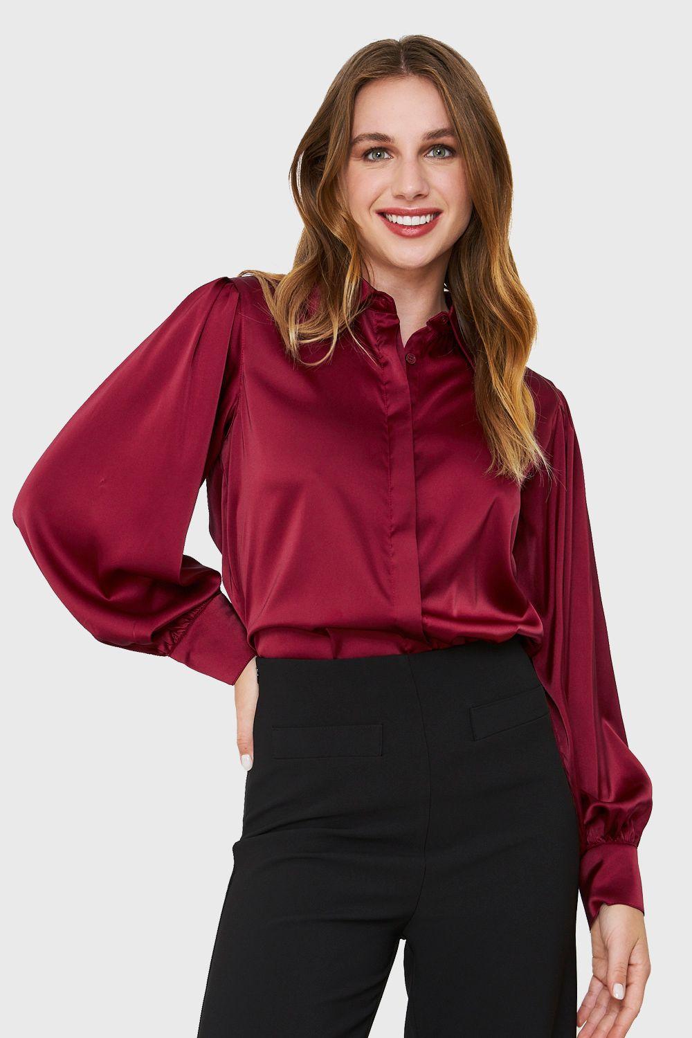 Blusa Tipo Satín Botonera Invisible Burdeo Nicopoly-0