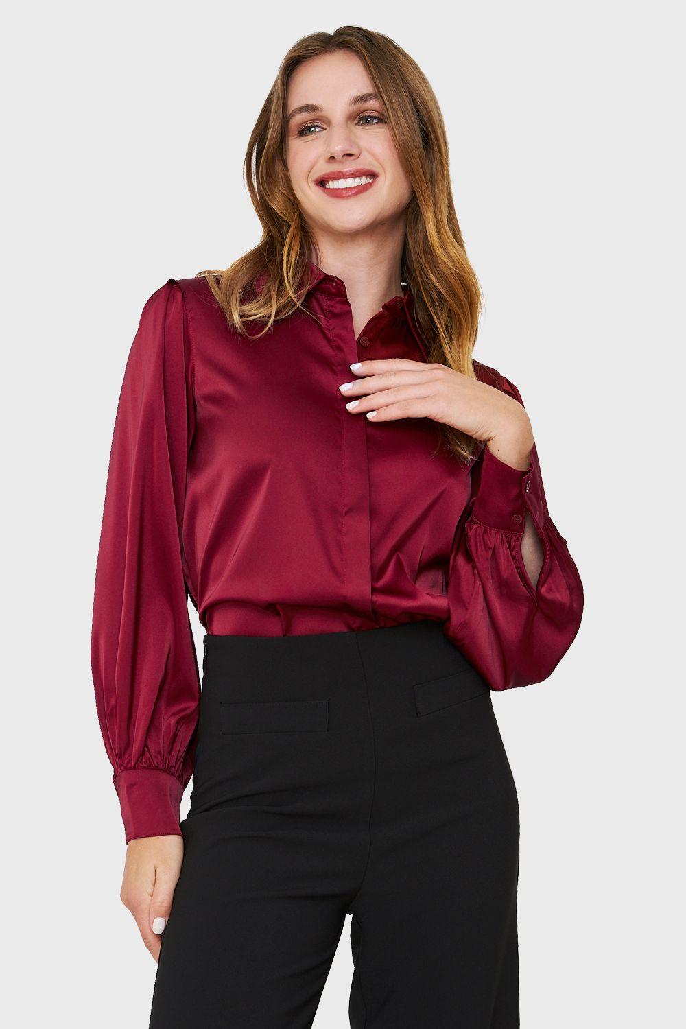 Blusa Tipo Satín Botonera Invisible Burdeo Nicopoly-4