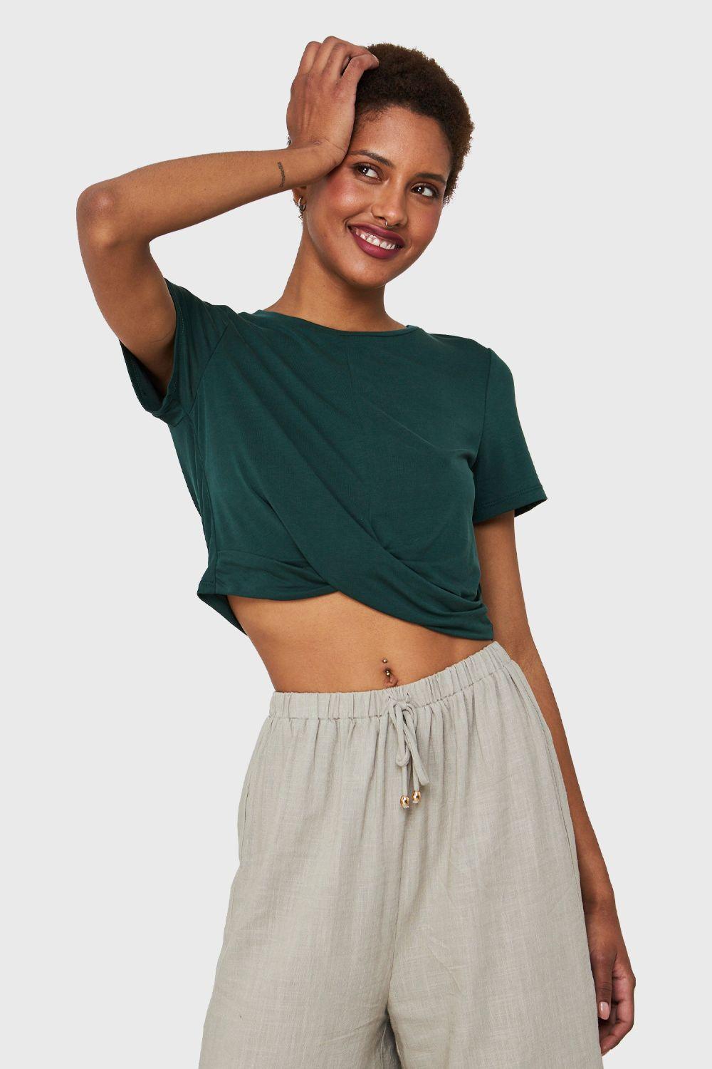 Polera Crop Nudo Verde Petróleo Nicopoly-0