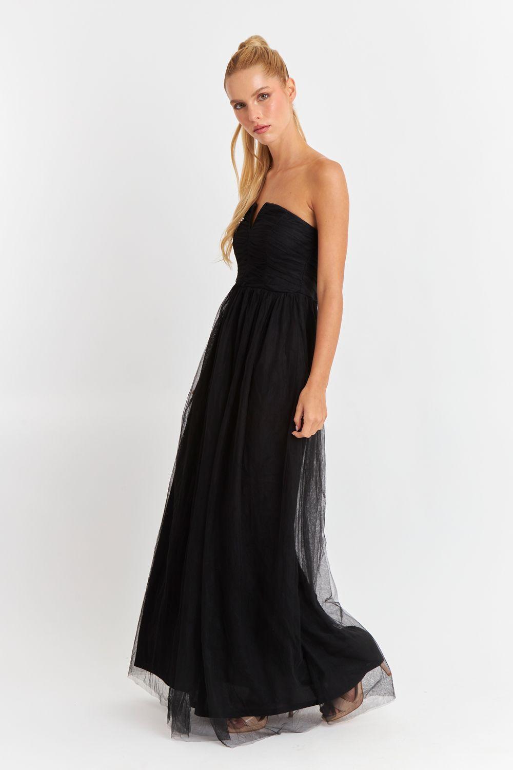 Vestido Strapless y Escote V Negro Nicopoly-2