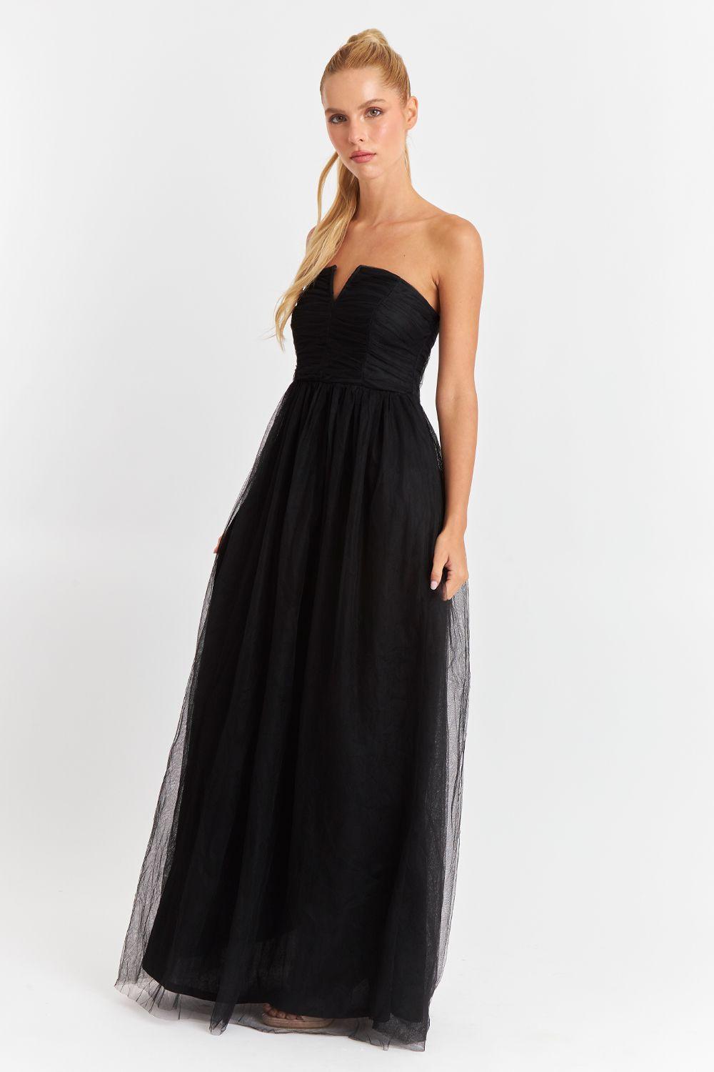 Vestido Strapless y Escote V Negro Nicopoly-4