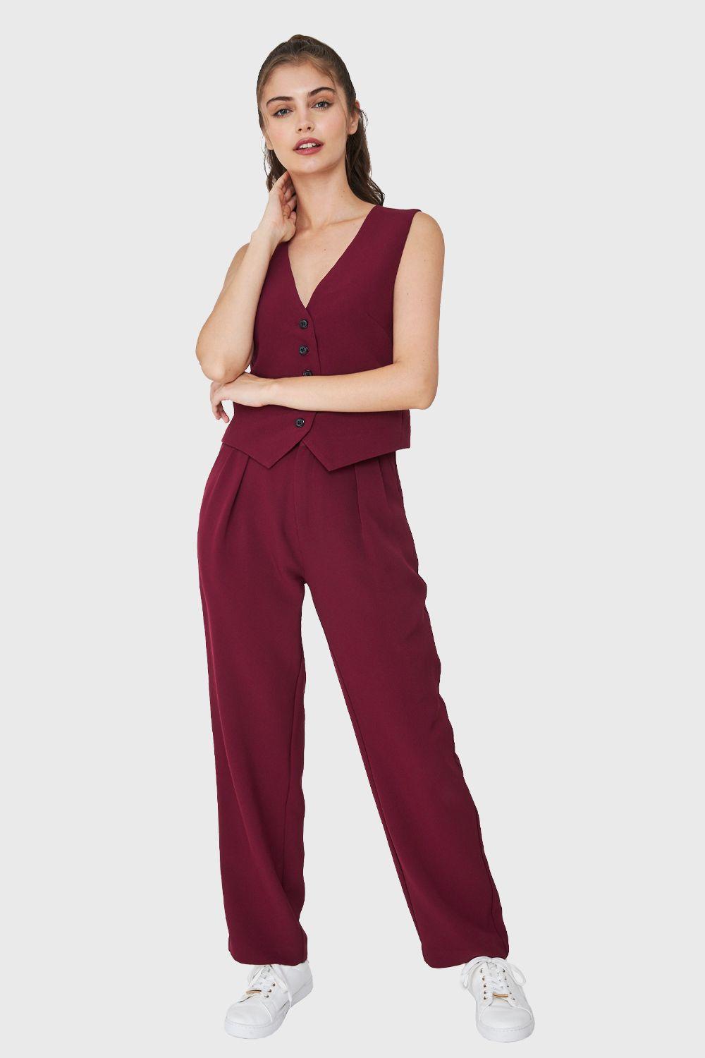 Pantalón Recto Pinzas Burdeos Nicopoly-1