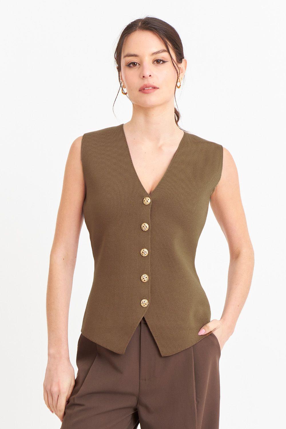 Gilet Largo con Botones Café-4
