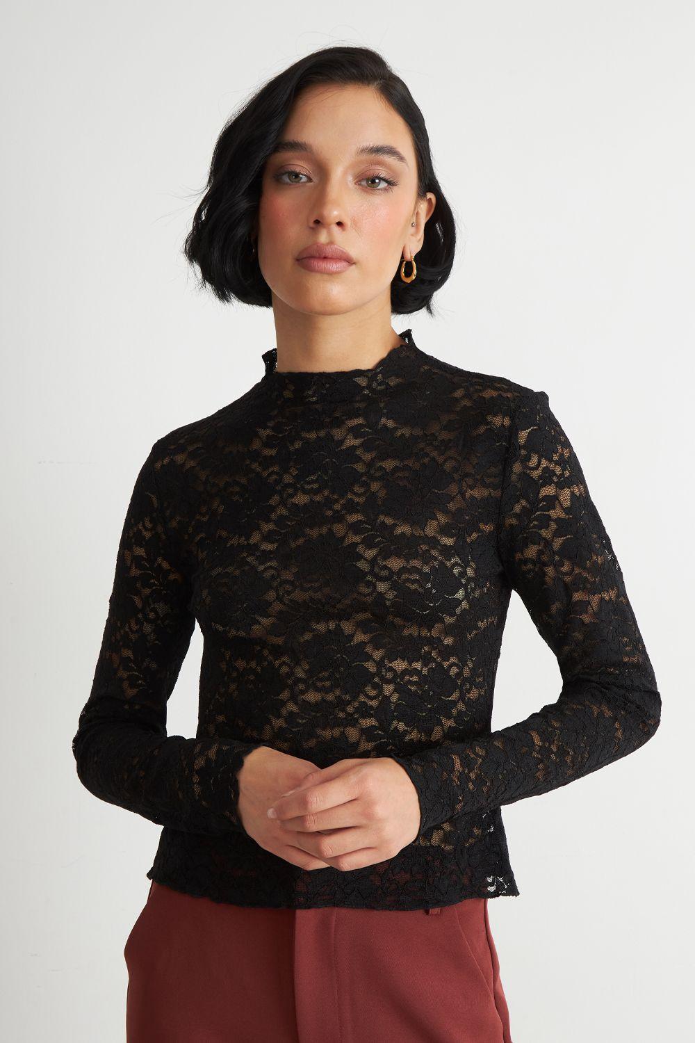 Polera Encaje Cuello Alto Negro Nicopoly-0