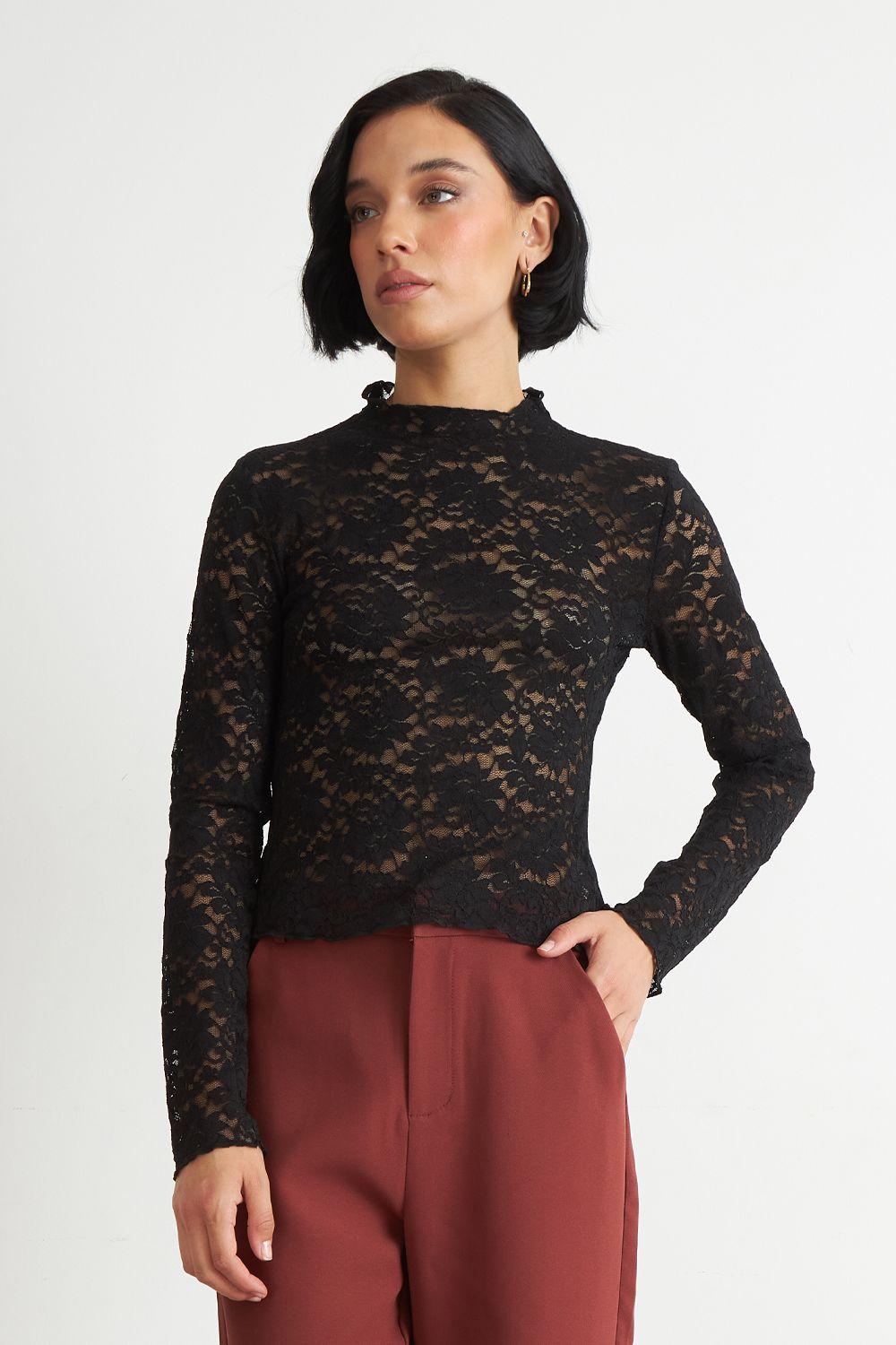 Polera Encaje Cuello Alto Negro Nicopoly-4