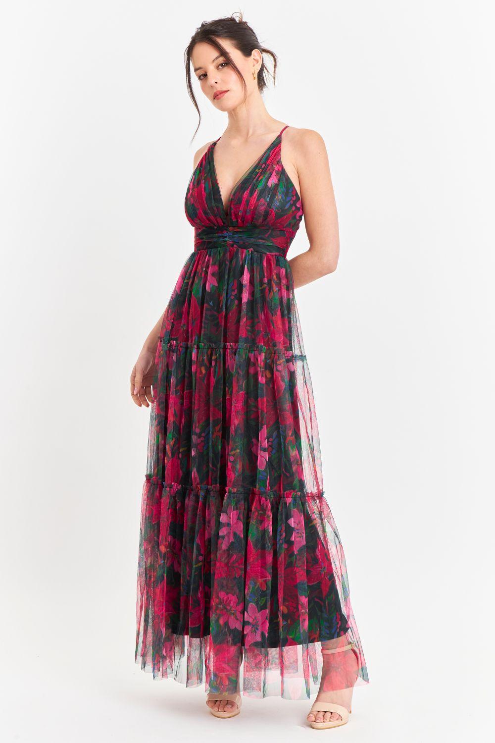 Vestido Tul Floreado Fucsia Nicopoly-1