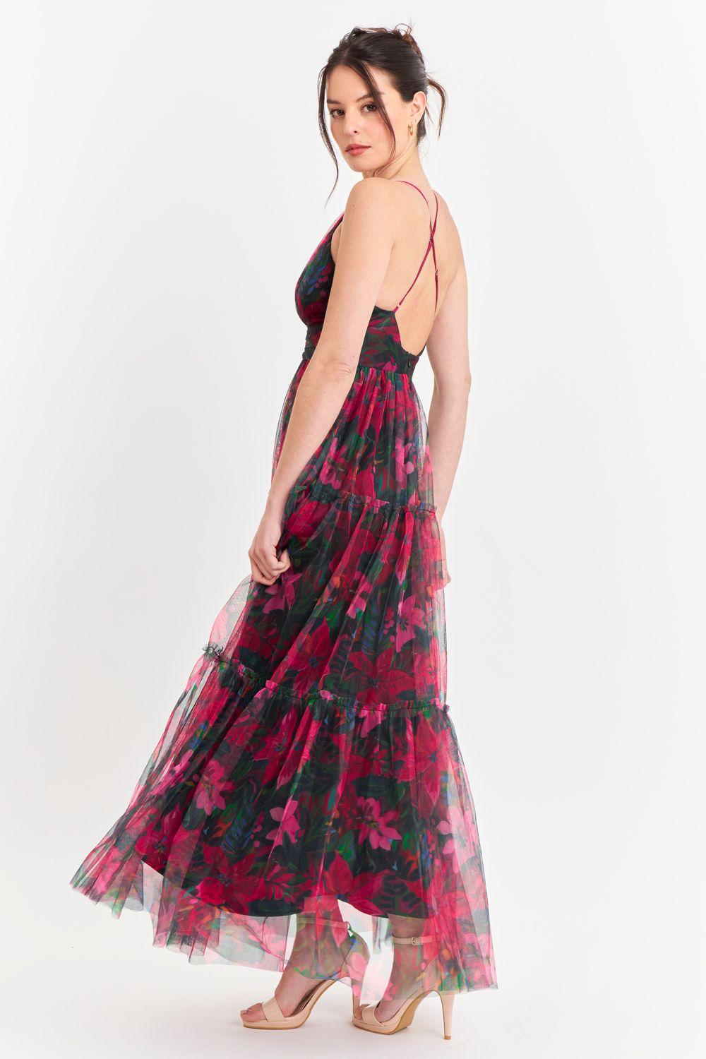 Vestido Tul Floreado Fucsia Nicopoly-2