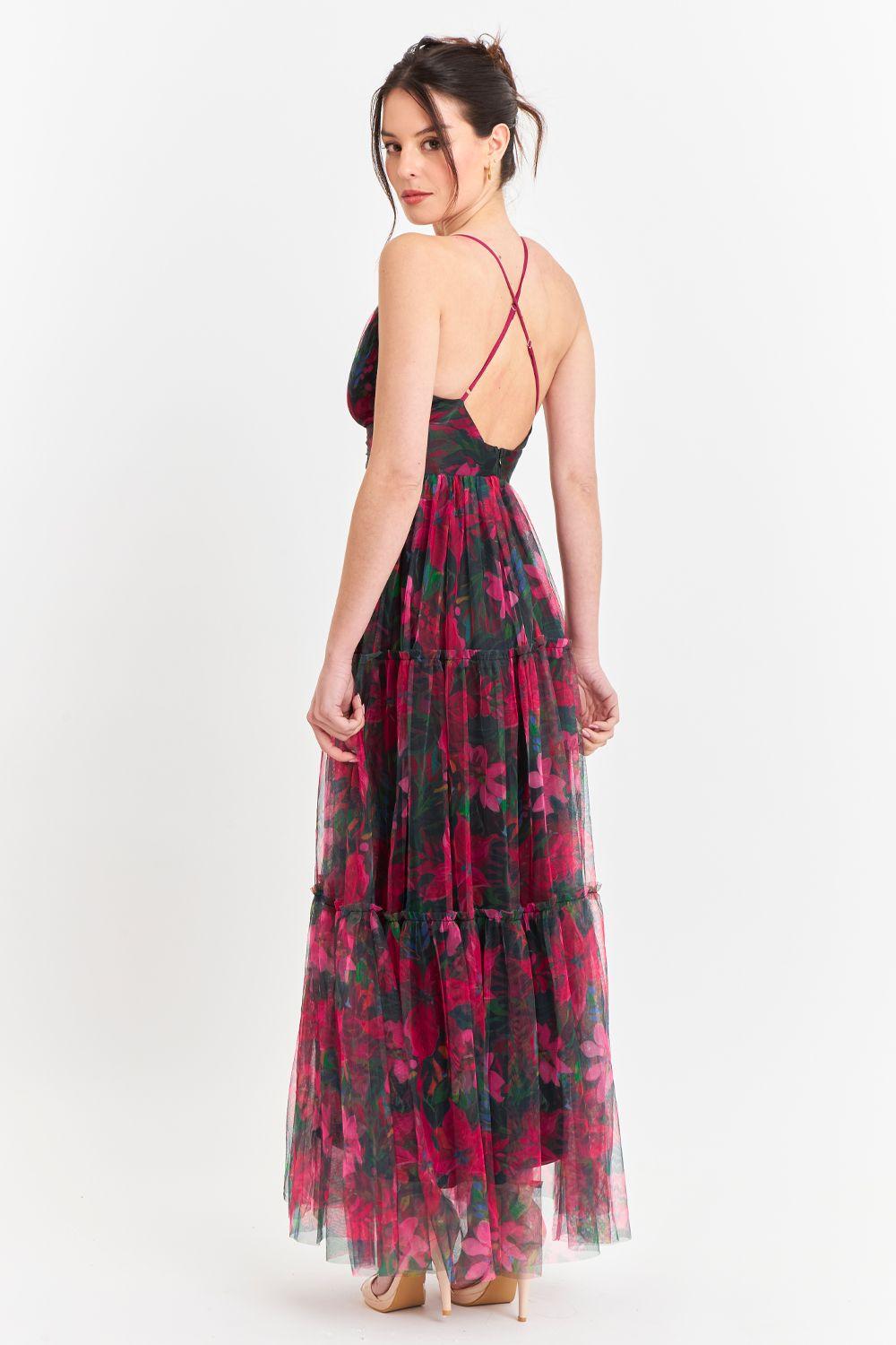 Vestido Tul Floreado Fucsia Nicopoly-3