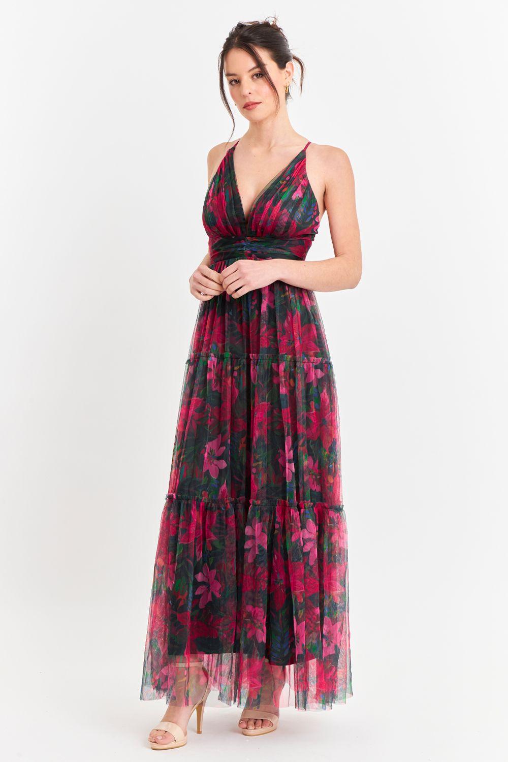 Vestido Tul Floreado Fucsia Nicopoly-4