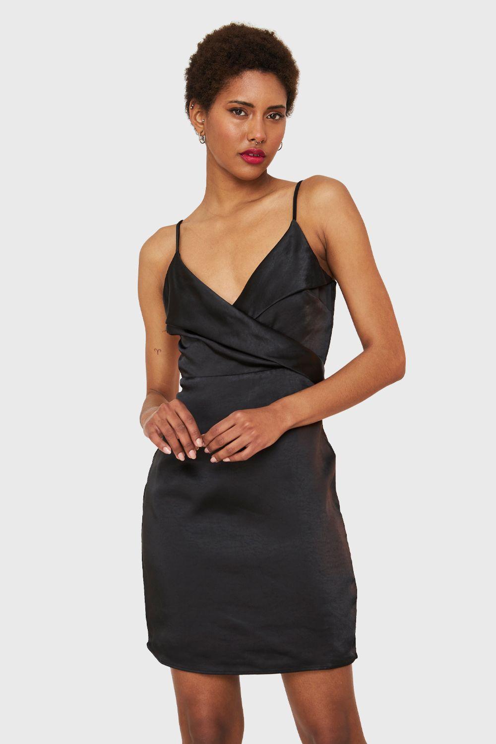 Vestido Corto Tipo Satín Negro Nicopoly-0