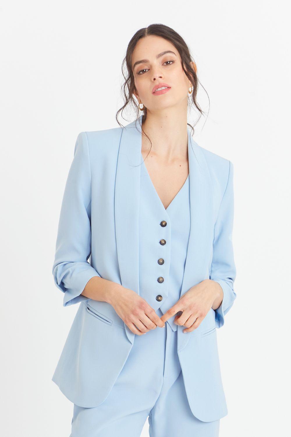 Blazer Manga 3/4 Ajustada Con Pliegues Celeste Nicopoly-0