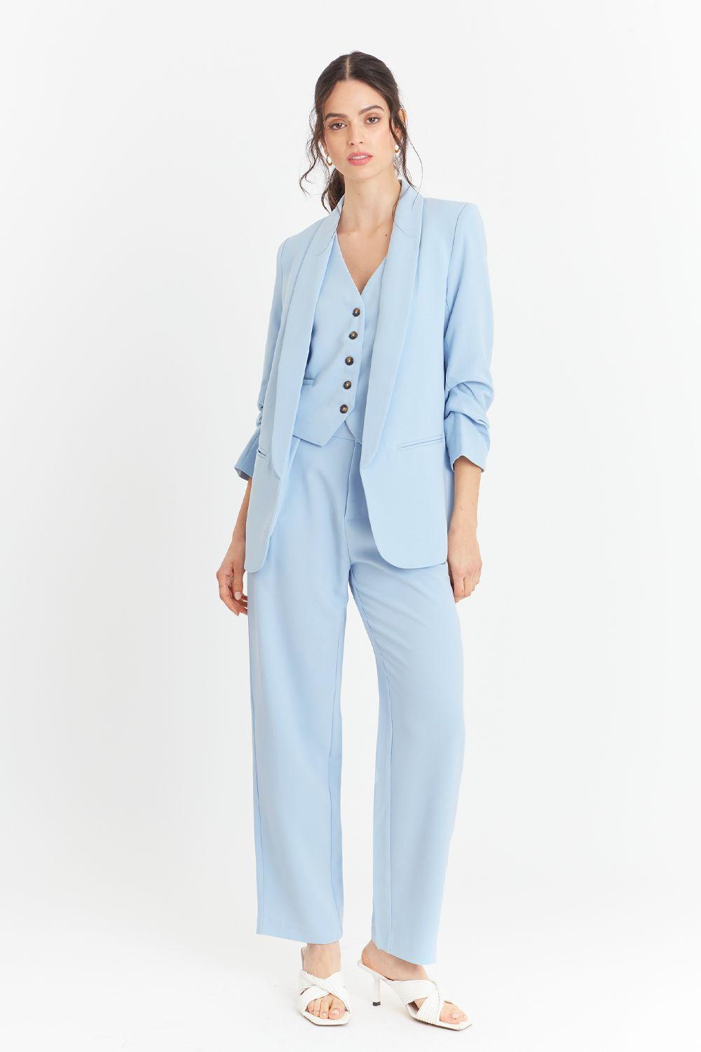 Blazer Manga 3/4 Ajustada Con Pliegues Celeste Nicopoly-1