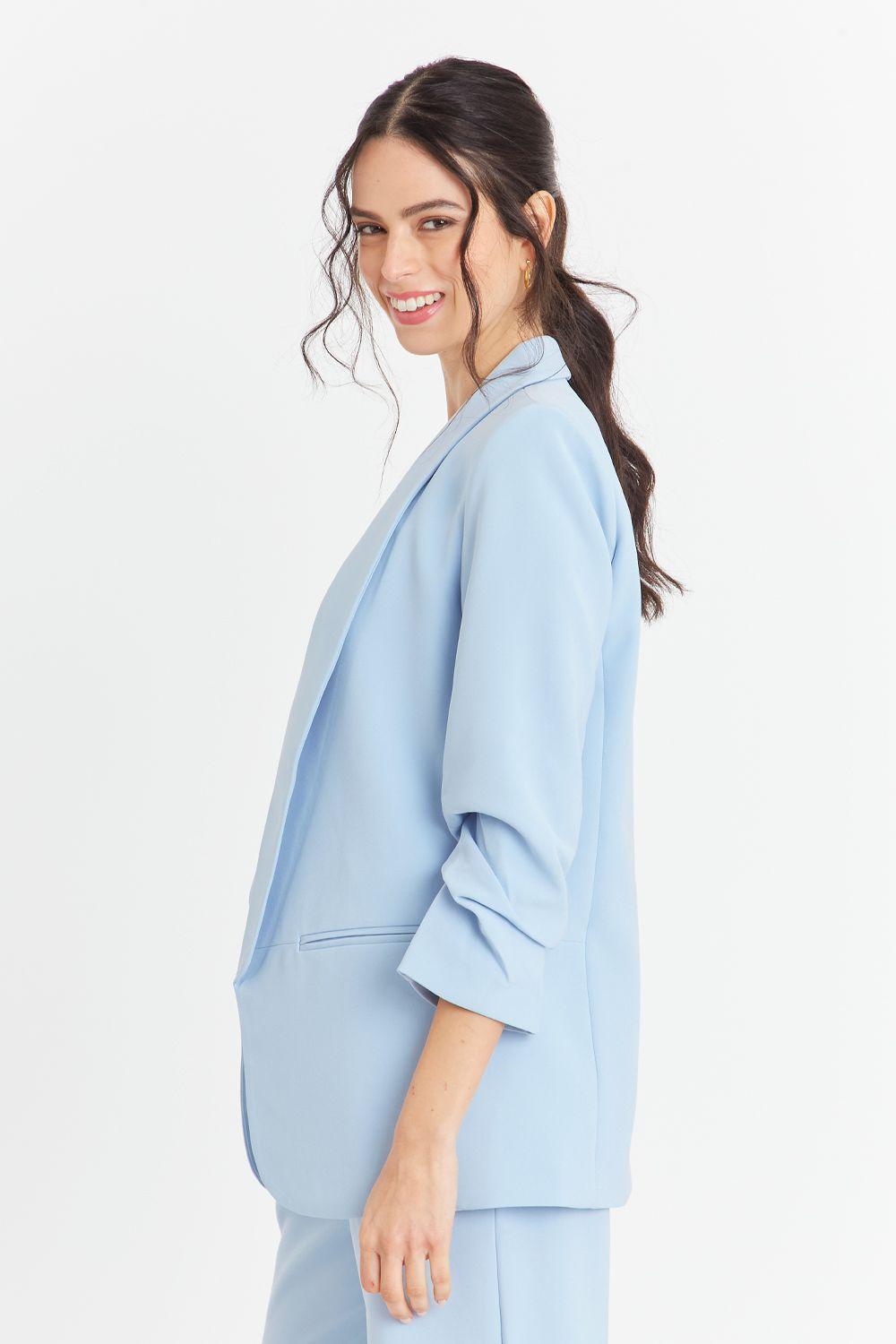 Blazer Manga 3/4 Ajustada Con Pliegues Celeste Nicopoly-2