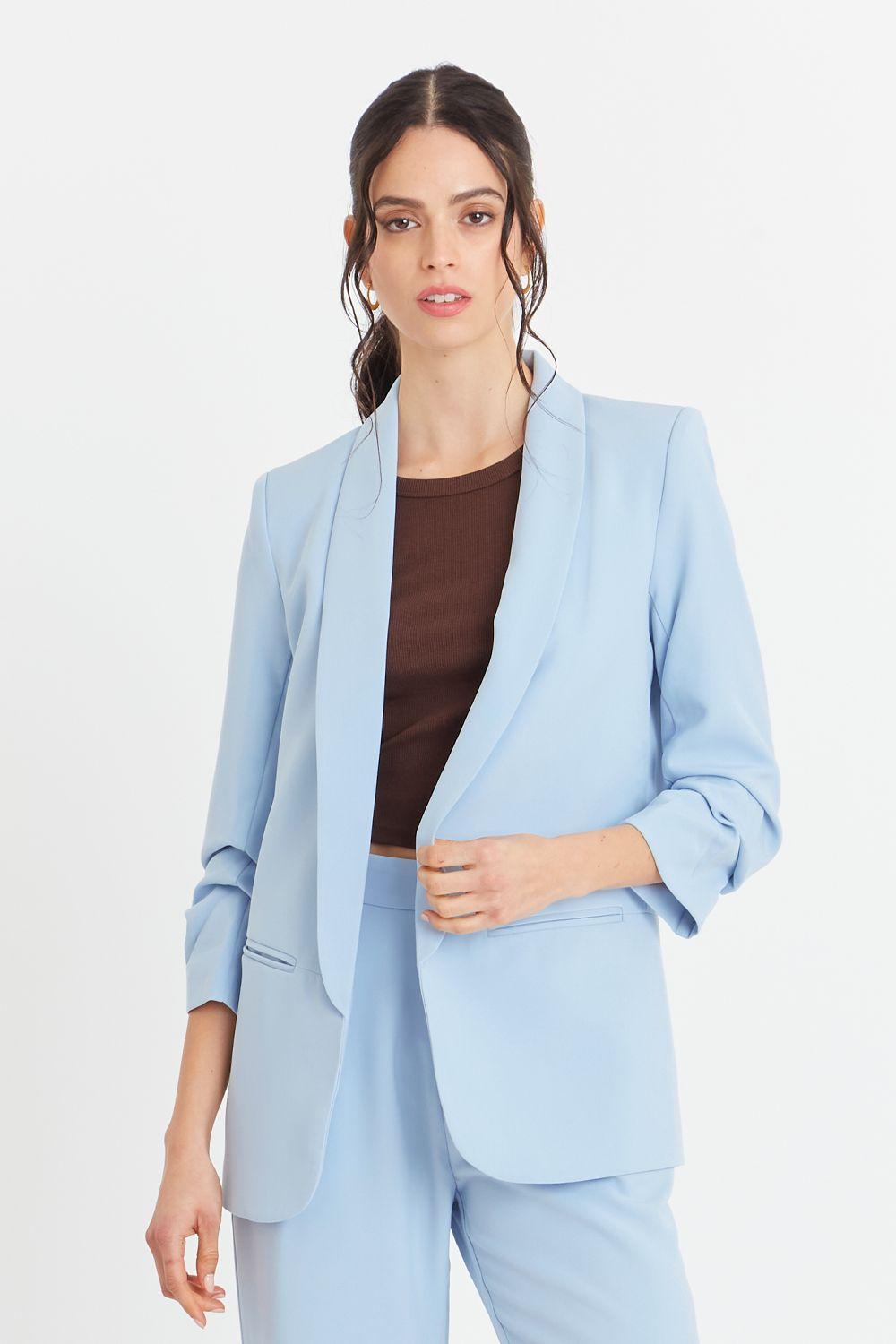 Blazer Manga 3/4 Ajustada Con Pliegues Celeste Nicopoly-4