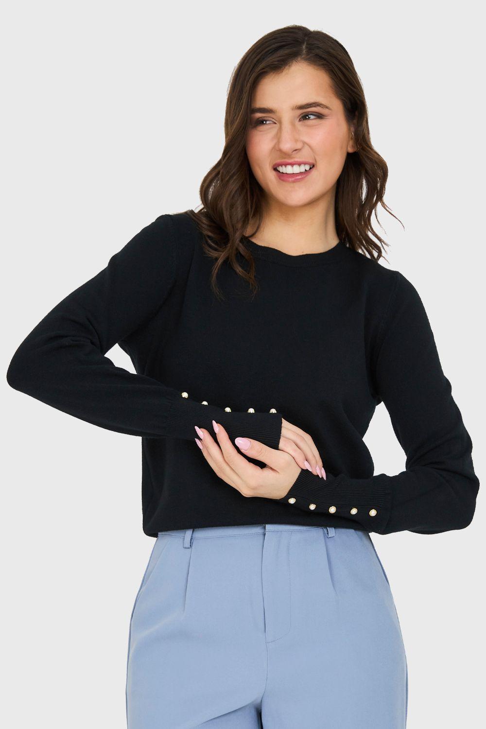 Sweater Delgado Detalles Perlas Negro Nicopoly-0