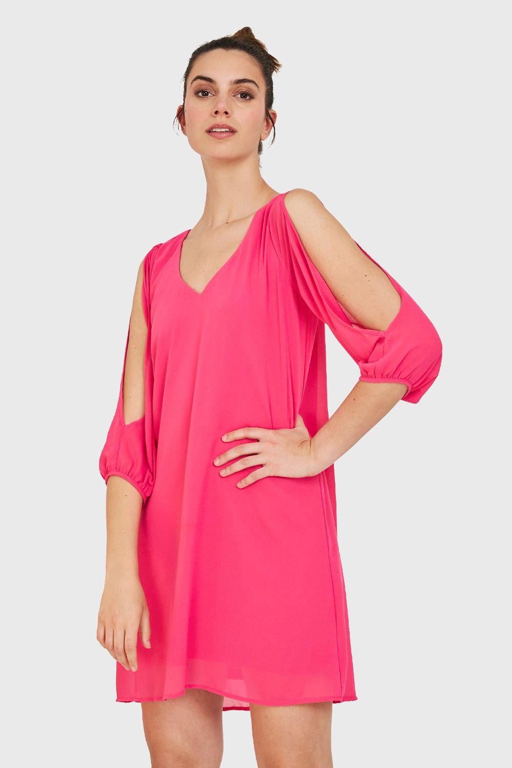 Vestido Aberturas Mangas Fucsia Nicopoly-0