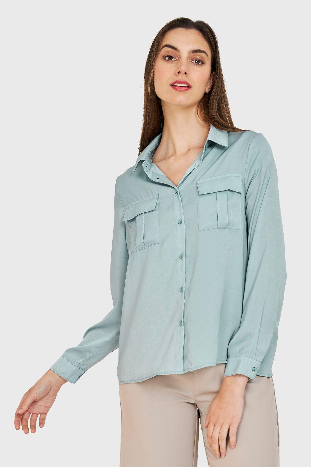 Blusa Bolsillos Tipo Satín Menta Nicopoly-4