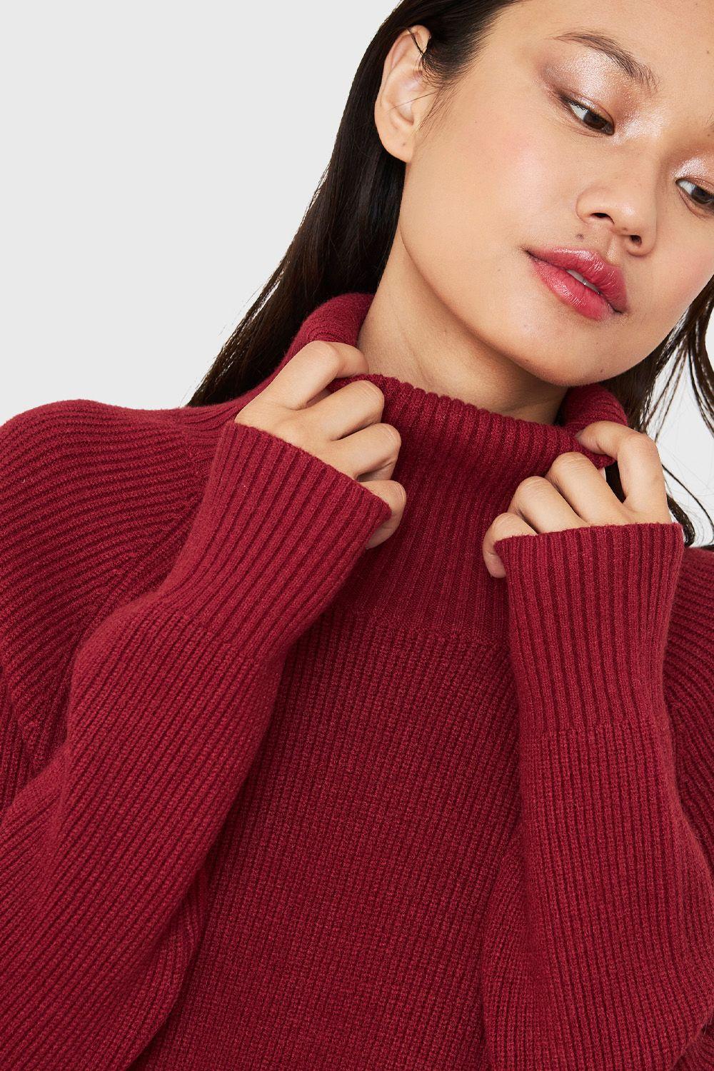 Sweater Vestido Acanalado Cuello Alto Rojo Ladrillo Nicopoly-5