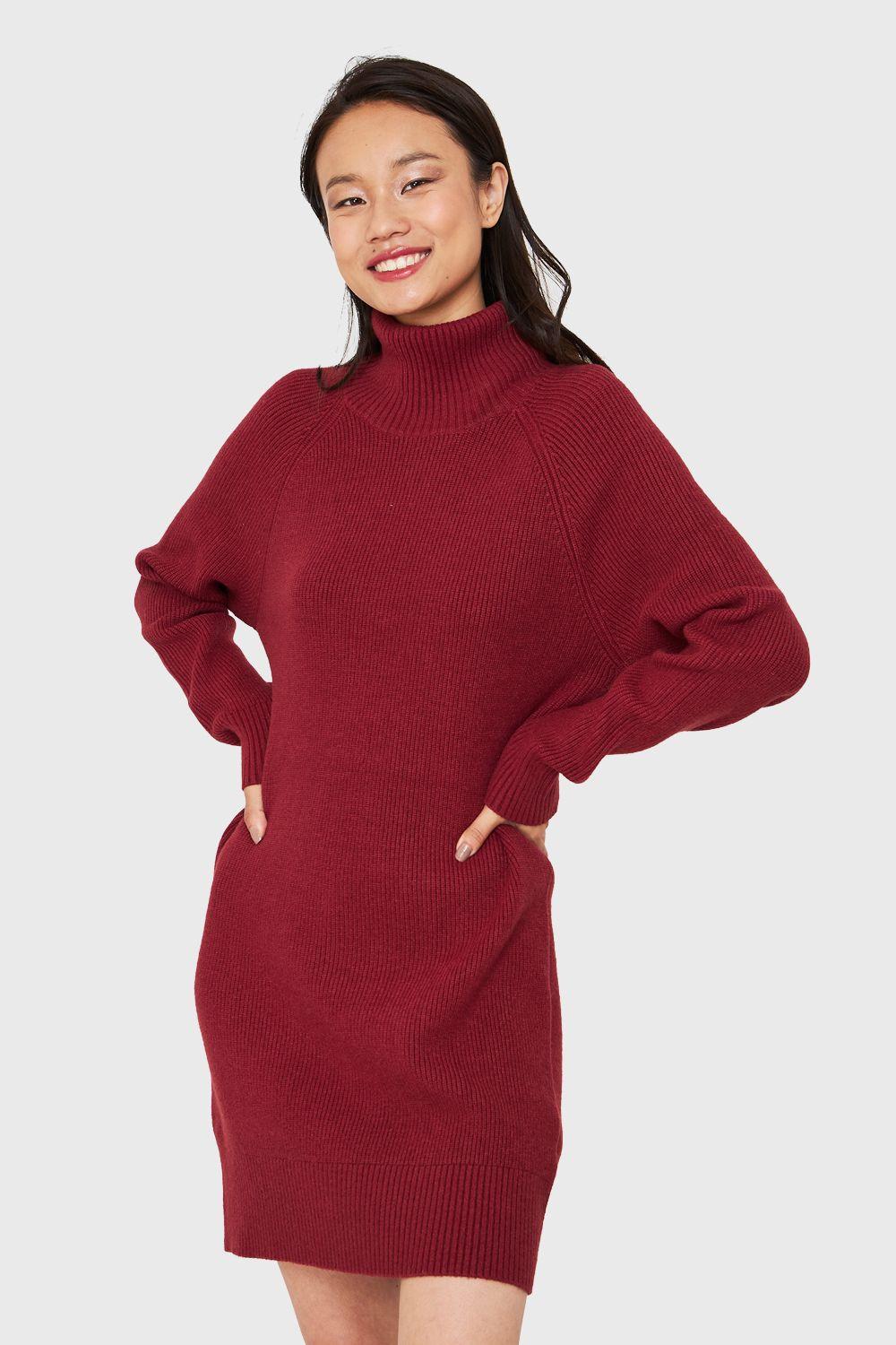 Sweater Vestido Acanalado Cuello Alto Rojo Ladrillo Nicopoly-4