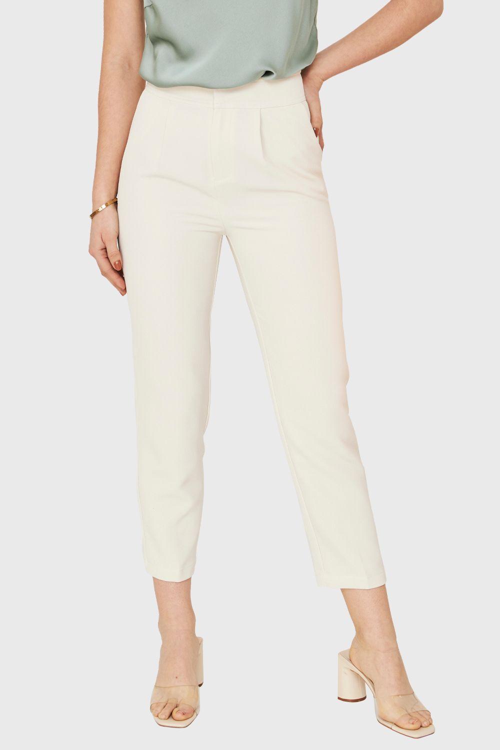 Pantalón Recto Tiro Alto Crema Nicopoly-0