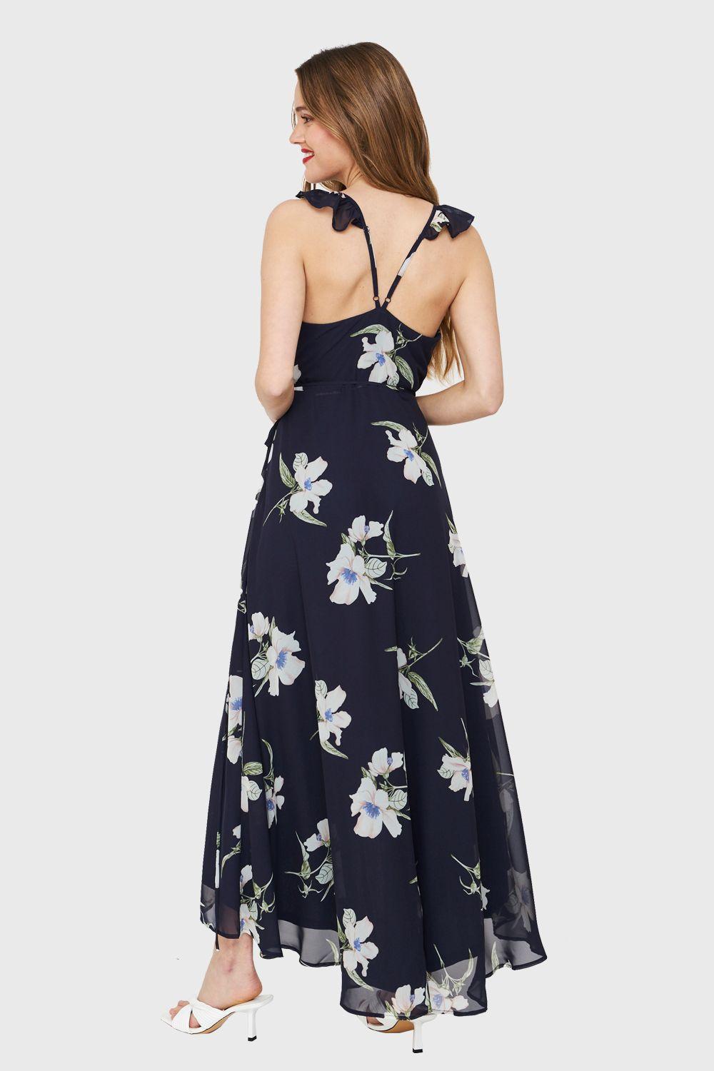 Vestido Largo Flores Envolvente Azul Nicopoly-3