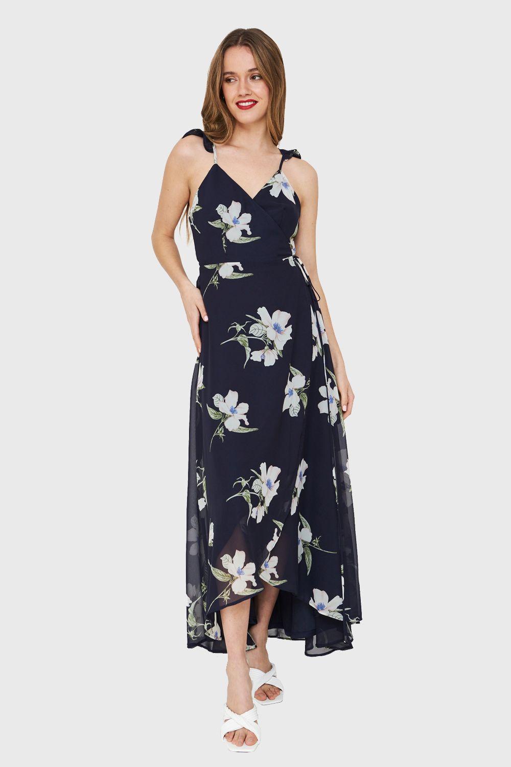 Vestido Largo Flores Envolvente Azul Nicopoly-1