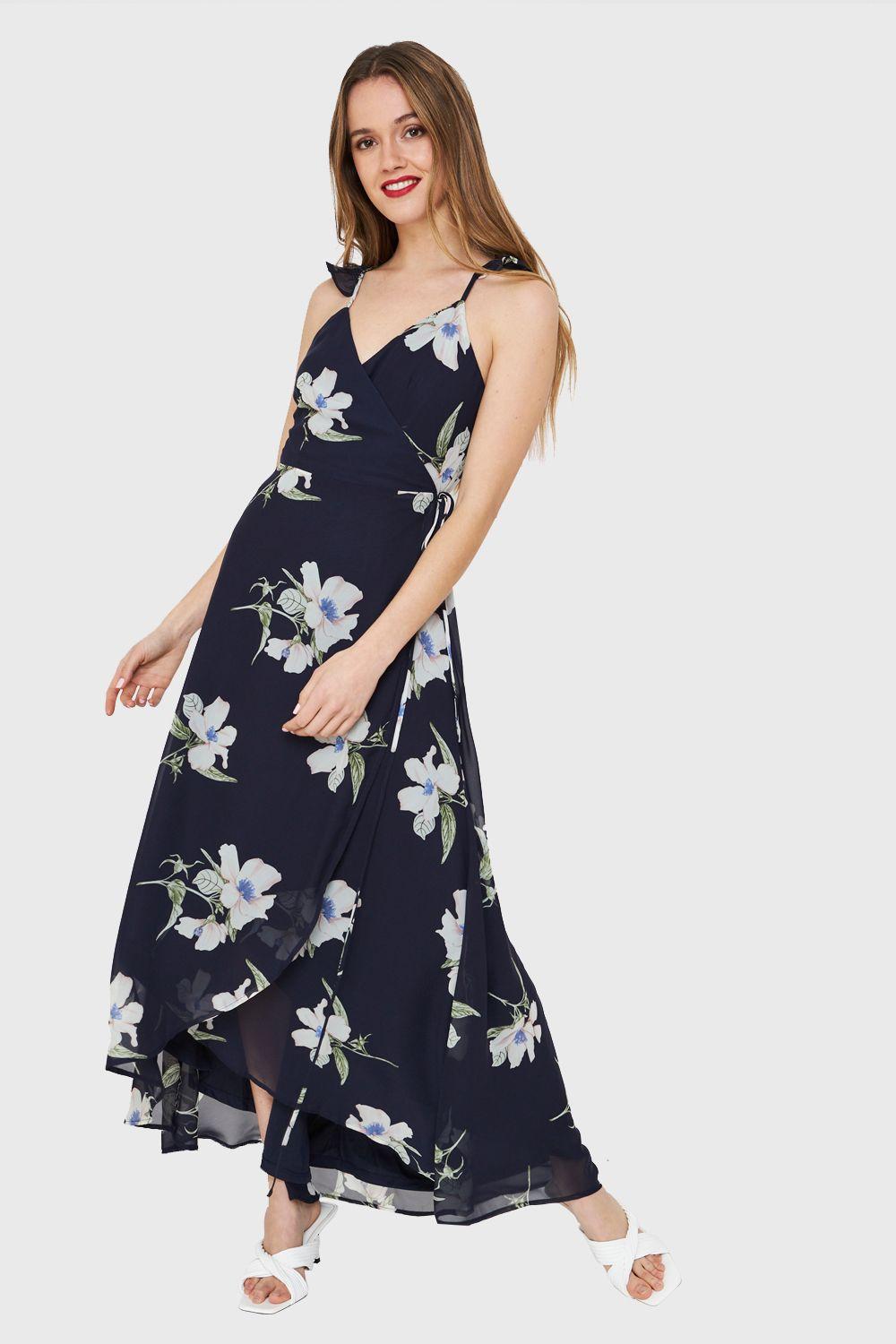 Vestido Largo Flores Envolvente Azul Nicopoly-4