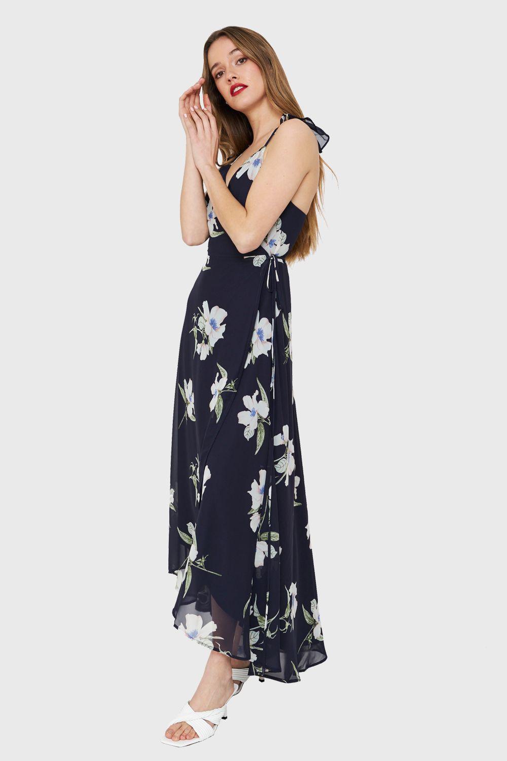 Vestido Largo Flores Envolvente Azul Nicopoly-2