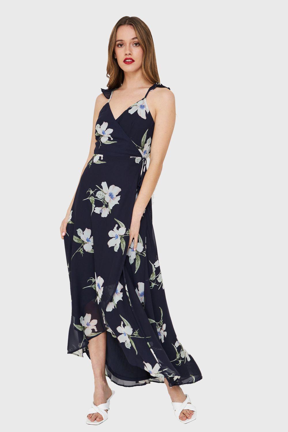 Vestido Largo Flores Envolvente Azul Nicopoly-0