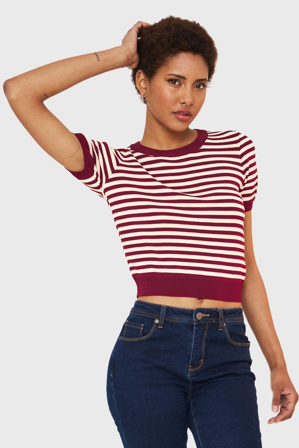 Polera Crop Rayas Burdeos/Beige Nicopoly-0