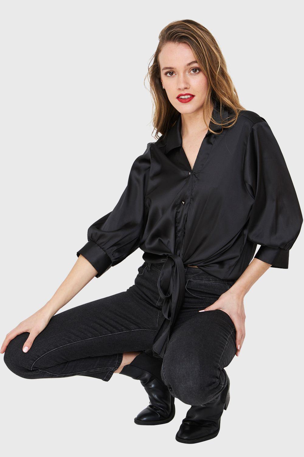 Blusa Tipo Satín Nudo Negro Nicopoly-0