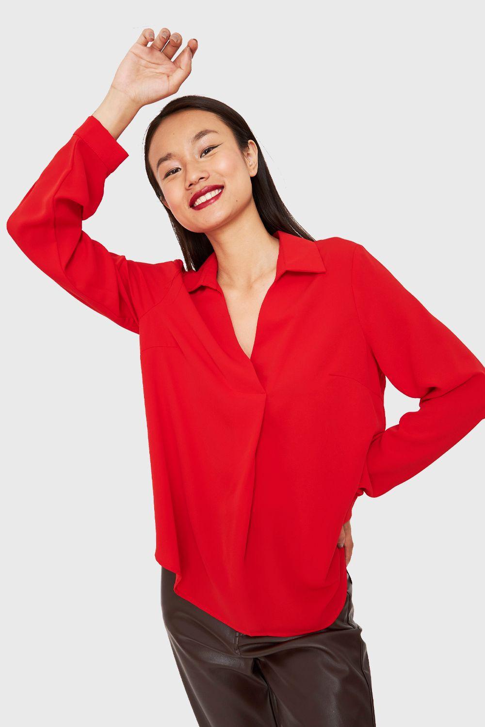 Blusa Cuello Camisero Escote V Rojo Nicopoly-0