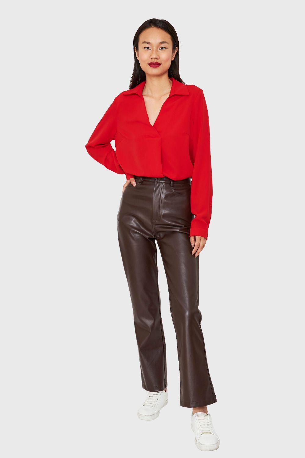 Blusa Cuello Camisero Escote V Rojo Nicopoly-1