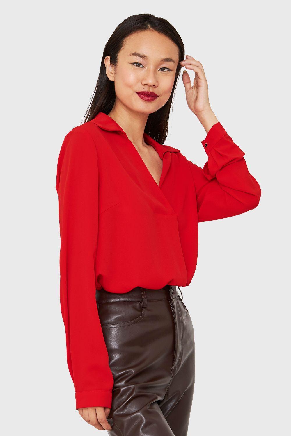 Blusa Cuello Camisero Escote V Rojo Nicopoly-2
