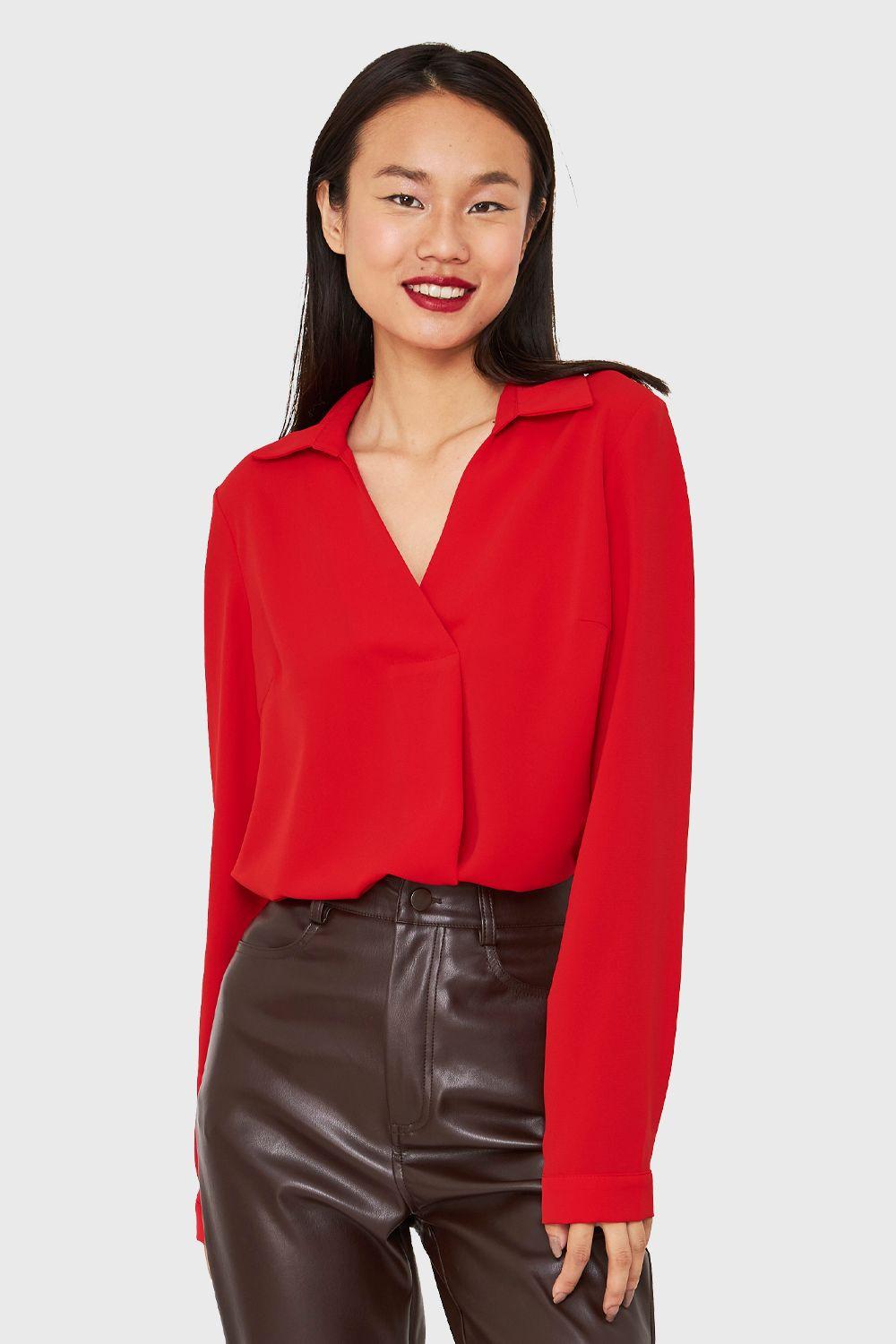 Blusa Cuello Camisero Escote V Rojo Nicopoly-4