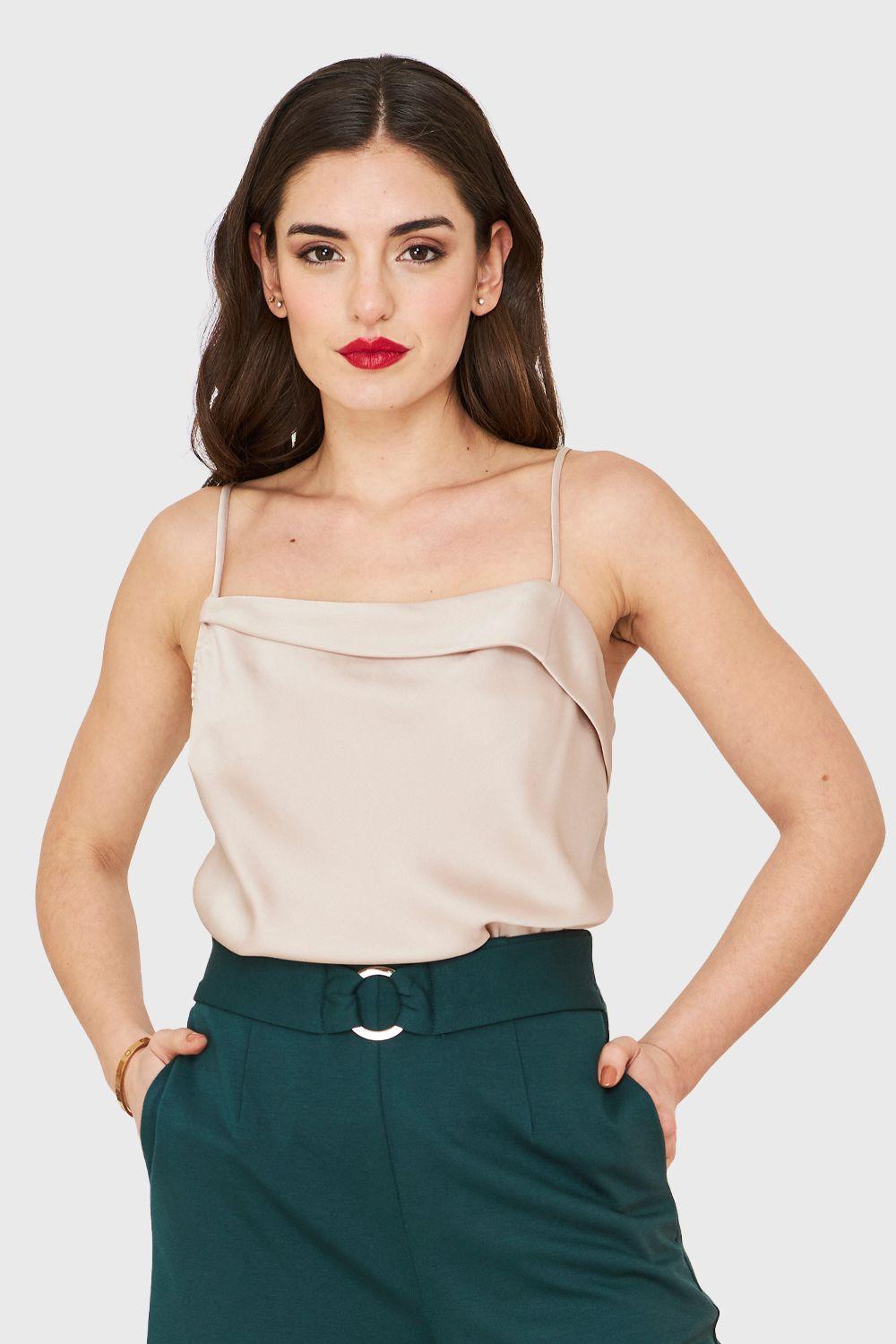 Body Tipo Satín Escote Volante Beige Nicopoly-4