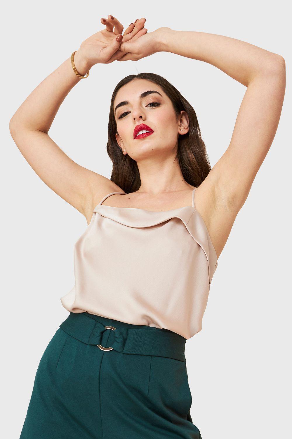 Body Tipo Satín Escote Volante Beige Nicopoly-0