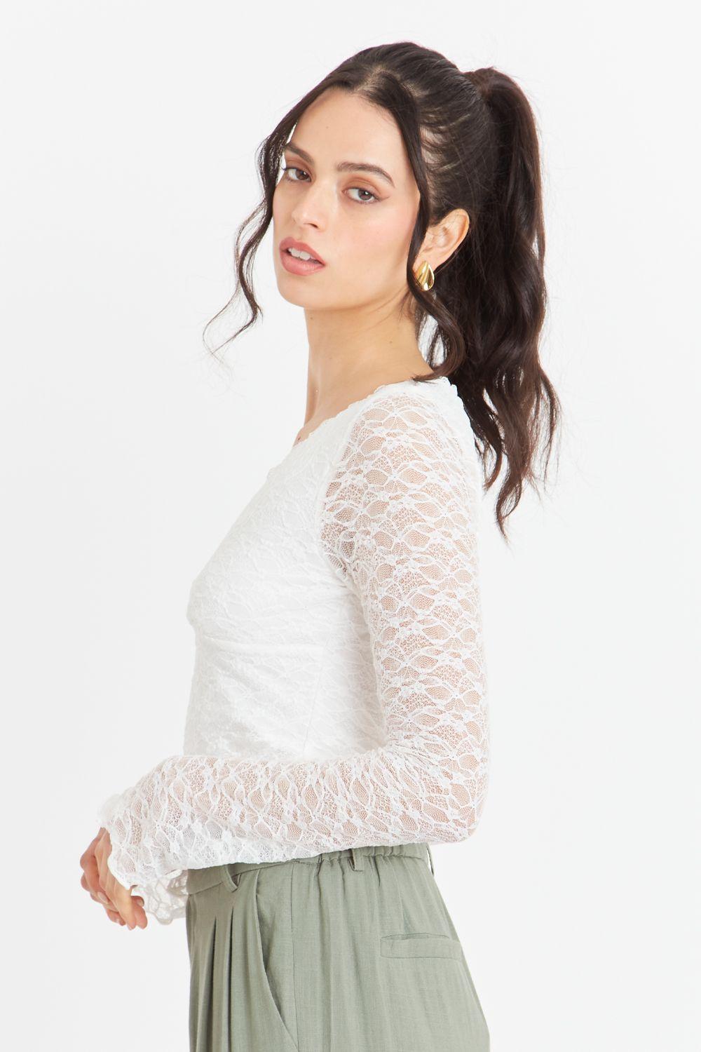 Polera Encaje Manga Larga Blanco Nicopoly-2