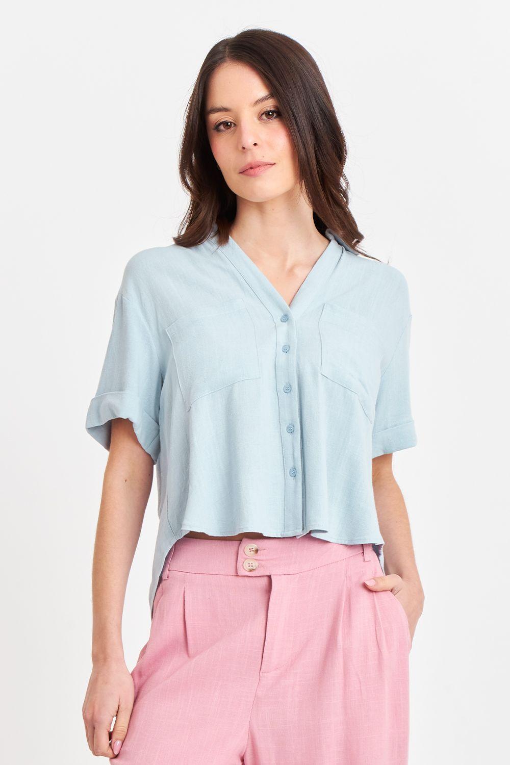 Camisa Básica Tipo Lino Celeste Nicopoly-0