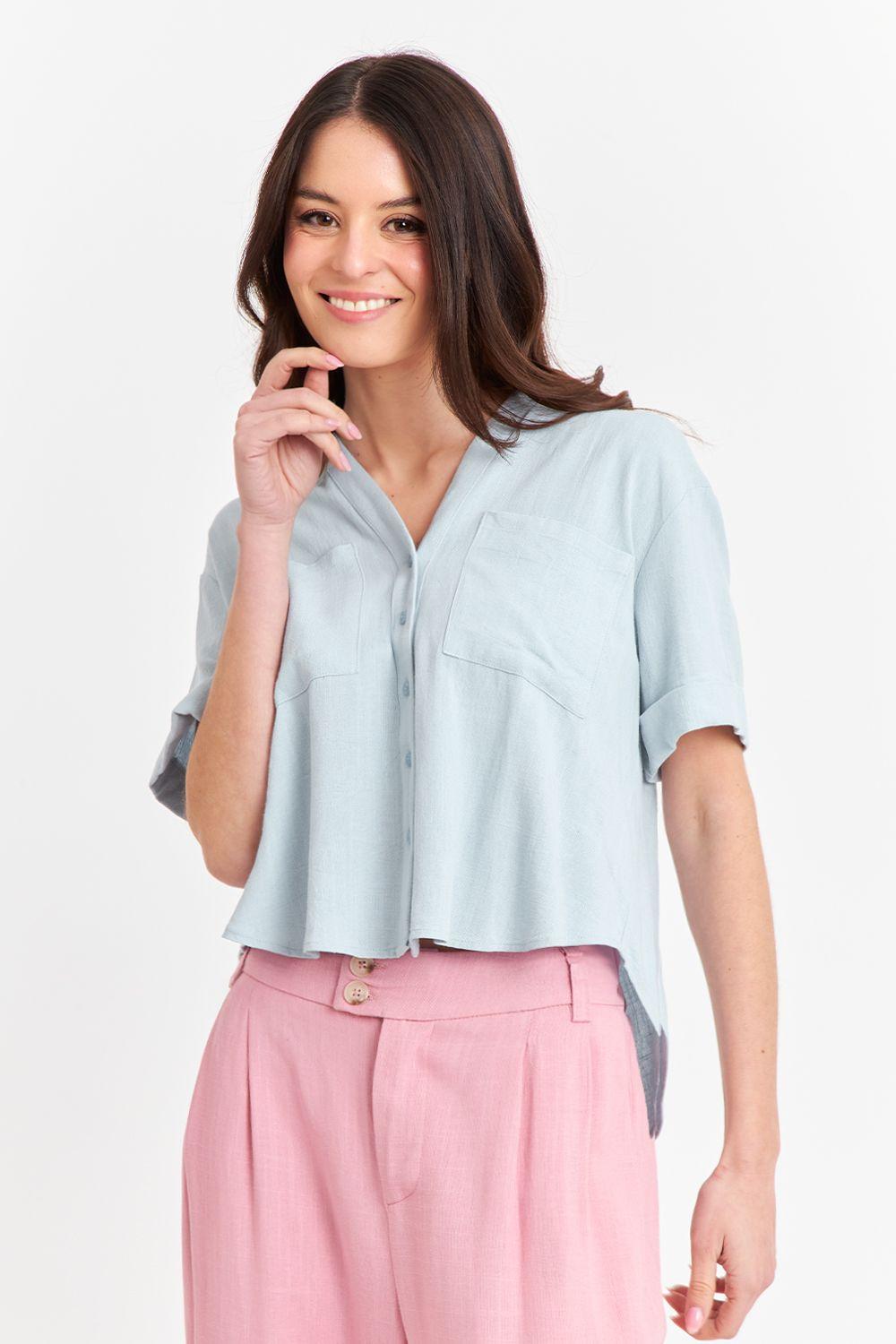 Camisa Básica Tipo Lino Celeste Nicopoly-4