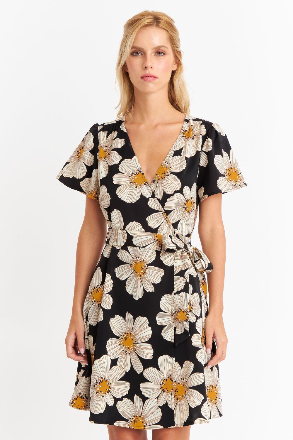 Vestido Escote Cruzado Flores Negras Nicopoly-4