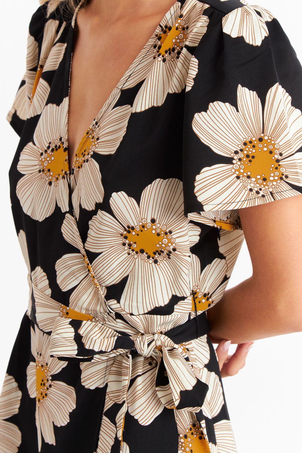 Vestido Escote Cruzado Flores Negras Nicopoly-5