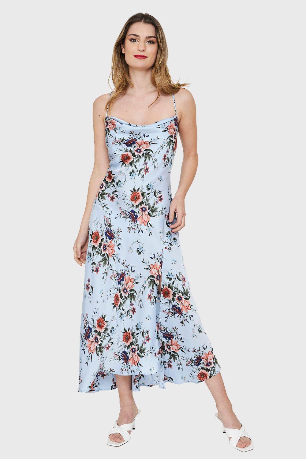 Vestido Tipo Satín Tajo Floral Celeste Nicopoly-1
