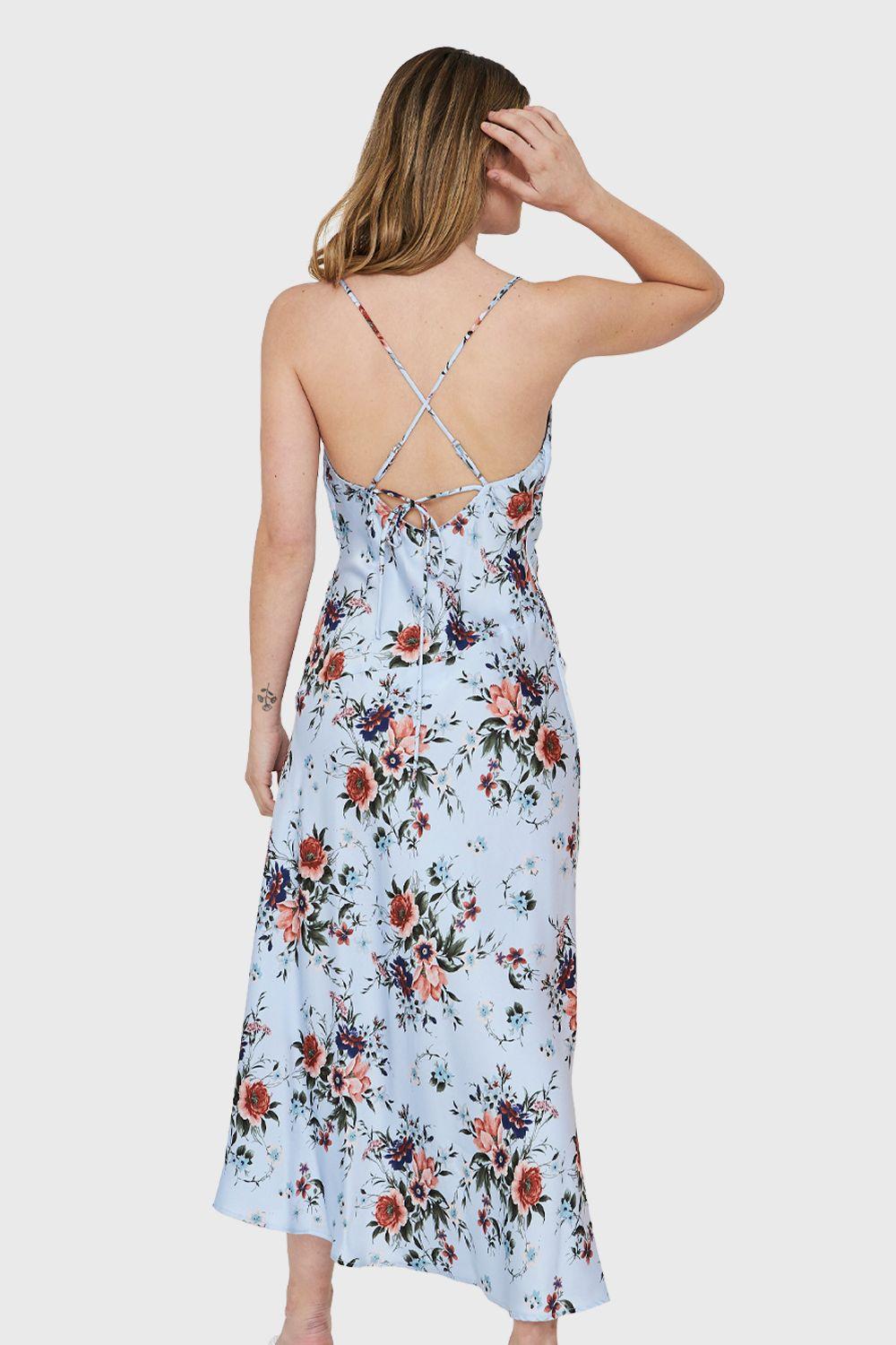 Vestido Tipo Satín Tajo Floral Celeste Nicopoly-3